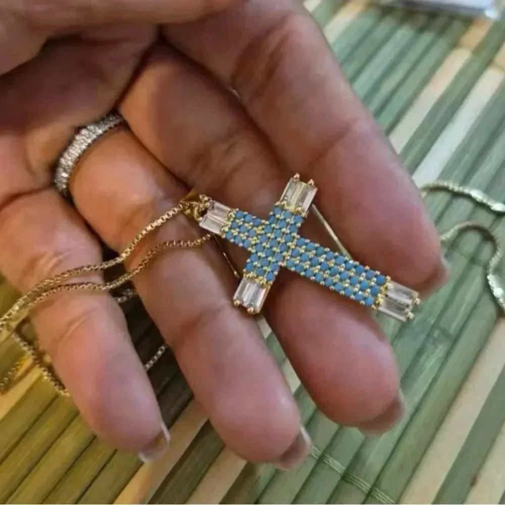 Maria Turquoise Cross Crystal Gold Necklace - Picture 3 of 3
